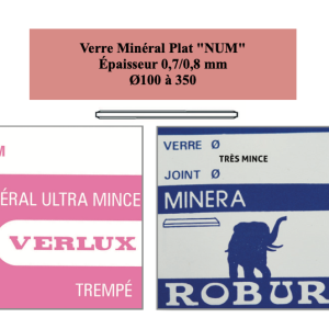 Verre de montre Minéral plat  "NUM" Ø100 à 350 Ép 0,7/0,8mm [NOS]