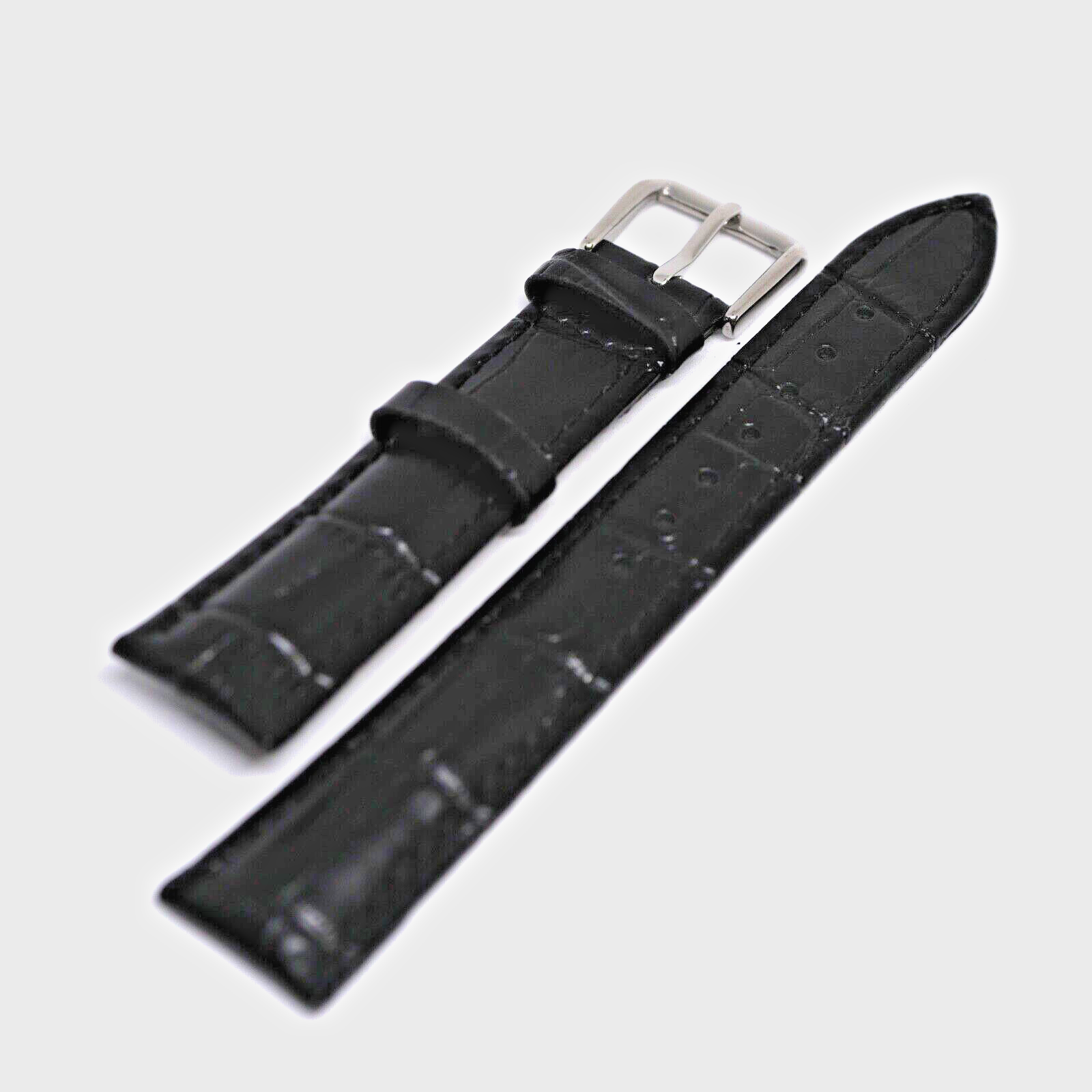Bracelet Cuir Véritable 18 mm Noir Façon crocodile (Leather watch strap)