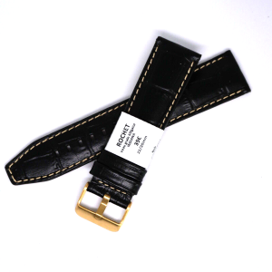 Bracelet Cuir Véritable 22 mm Noir ROCHET Façon alligator FAIT MAIN