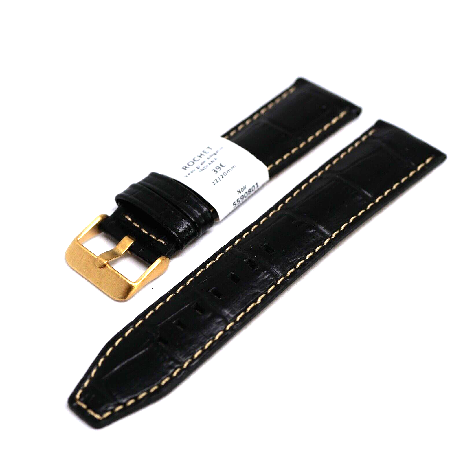 Bracelet Cuir Véritable 22 mm Noir ROCHET Façon alligator FAIT MAIN – Image 2