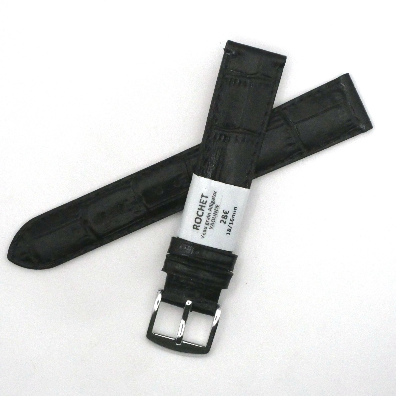 Bracelet de montre en cuir véritable veau - 18 mm Noir - Rochet