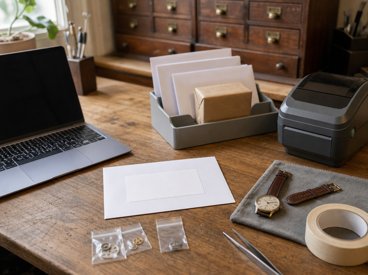 Bureau d’expédition de l’atelier : bac de courrier, colis, montre et bracelets prêts à partir