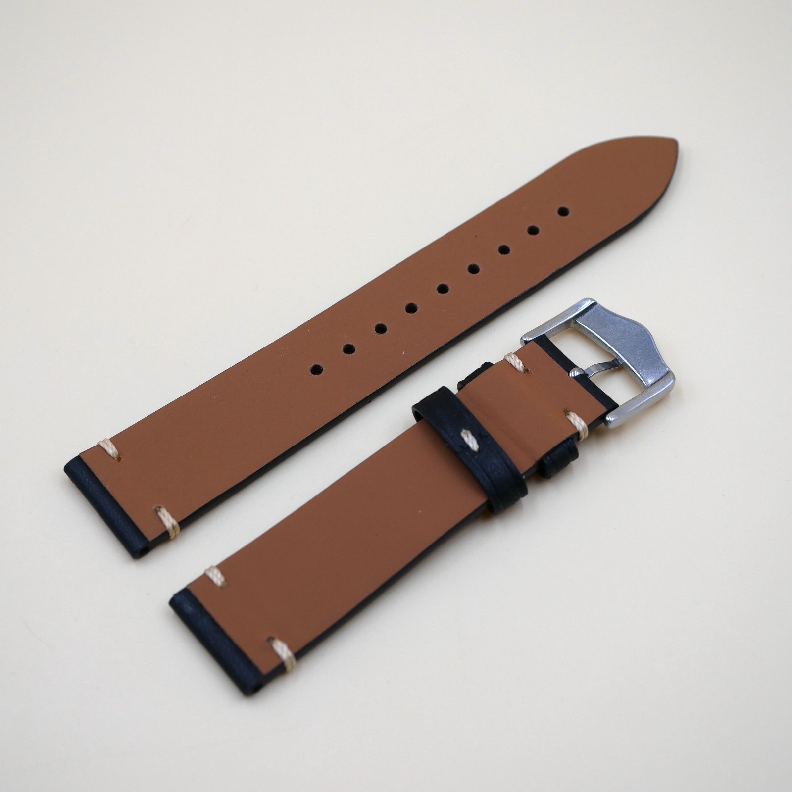 Bracelet Cuir Véritable 20 mm Noir - Vintage (Leather watch strap) – Image 2