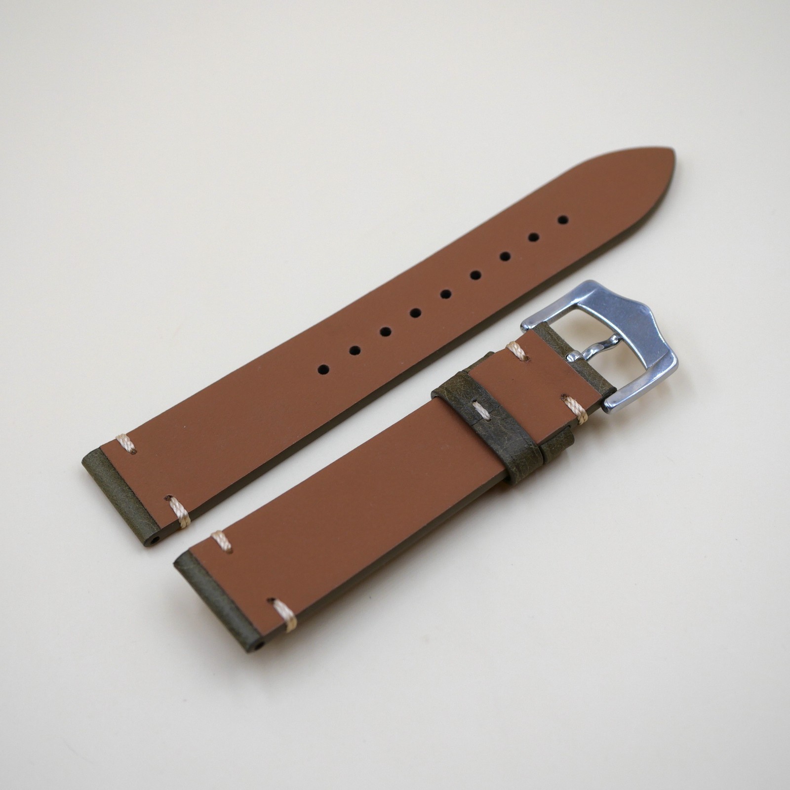 Bracelet Cuir Véritable 20 mm Khaki - Vintage (Leather watch strap) – Image 2
