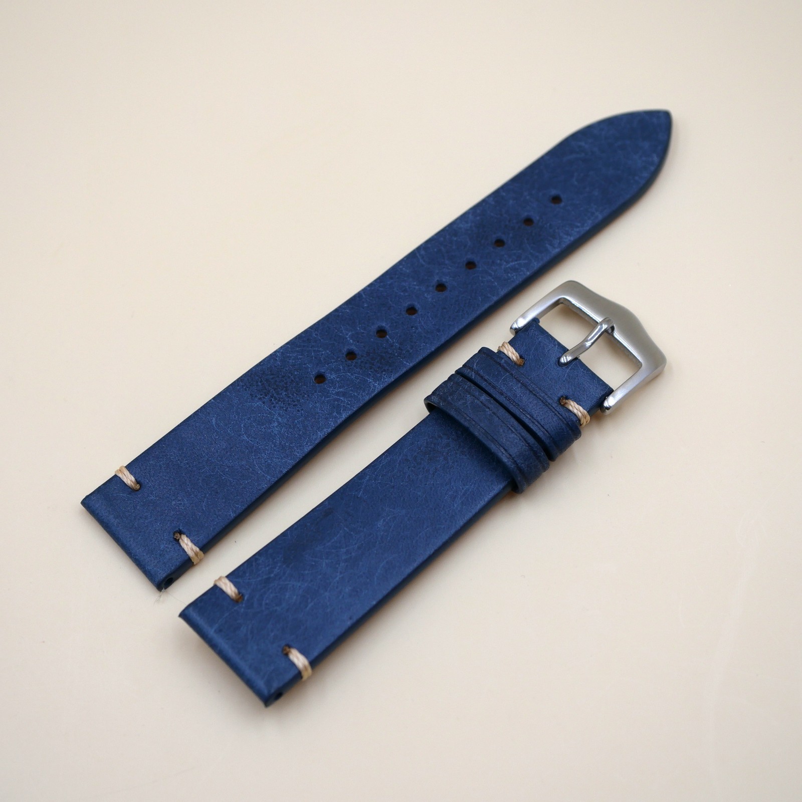 Bracelet Cuir Véritable 20 mm Bleu foncé - Vintage (Leather watch strap)