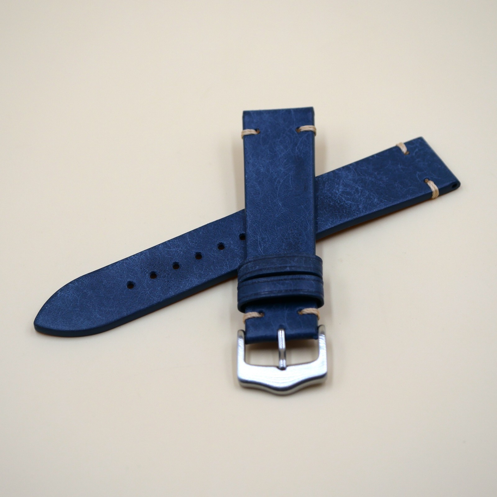 Bracelet Cuir Véritable 20 mm Bleu foncé - Vintage (Leather watch strap) – Image 3