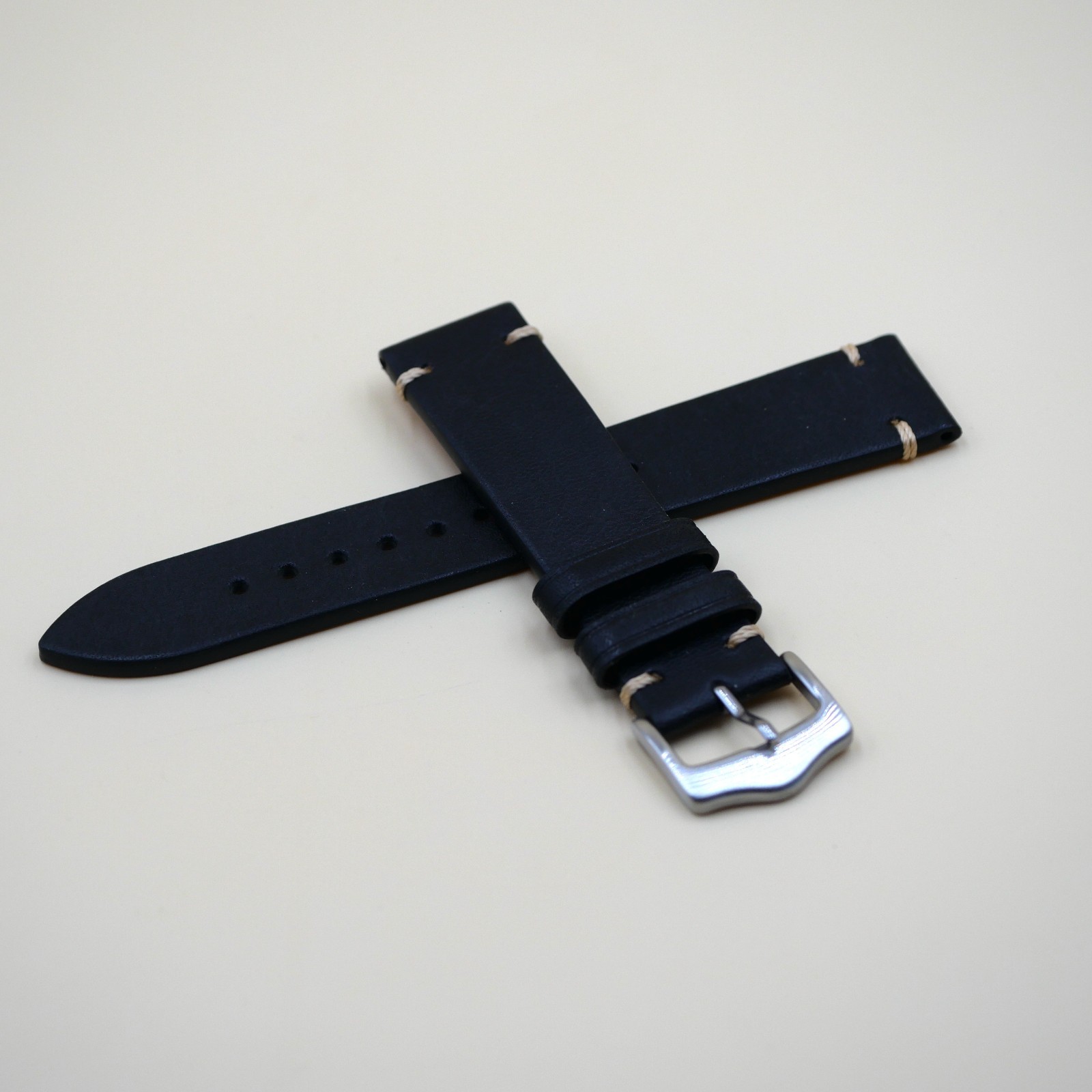 Bracelet Cuir Véritable 20 mm Noir - Vintage (Leather watch strap) – Image 3