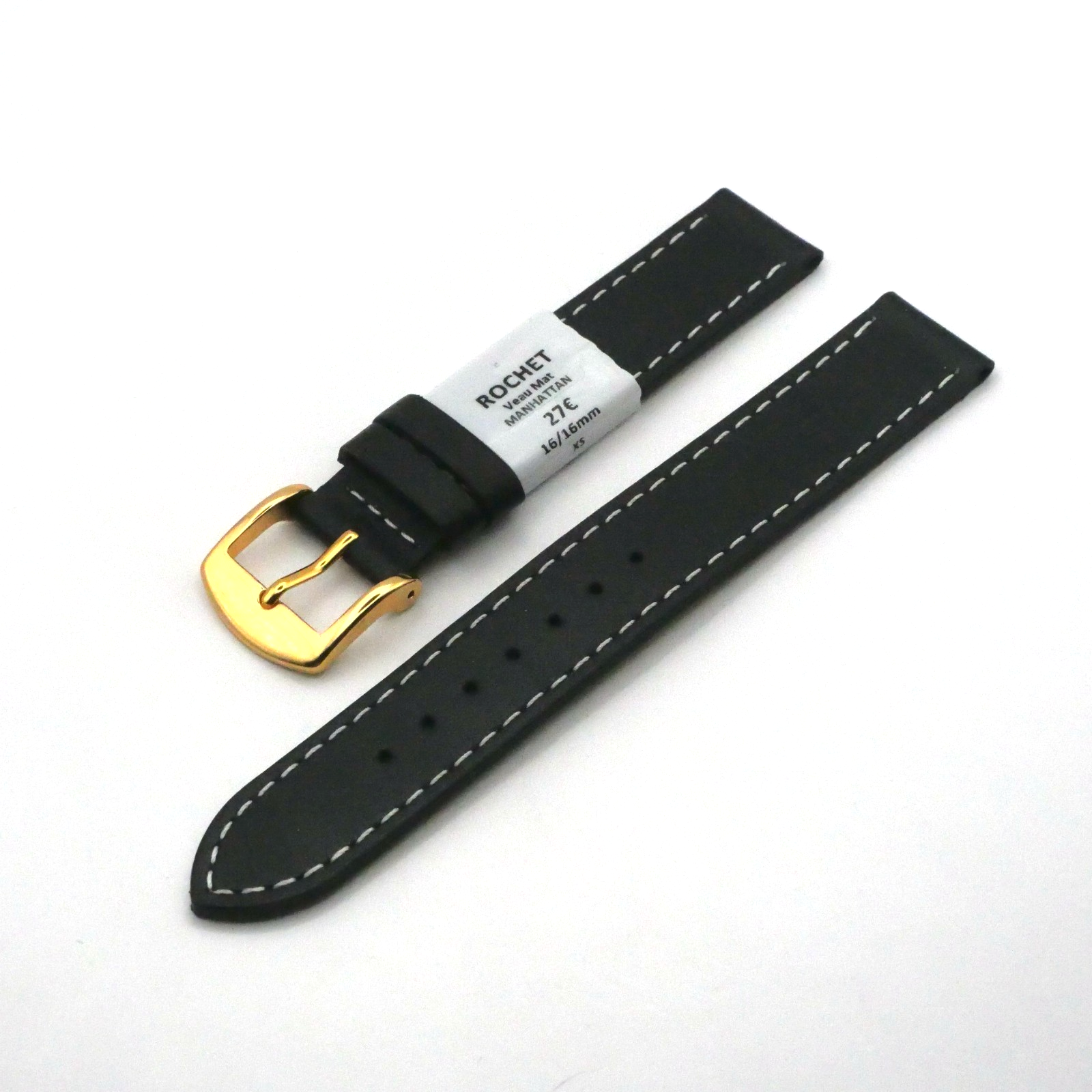 Bracelet de montre en cuir Véritable Veau mat - 16 mm Noir - Rochet – Image 2